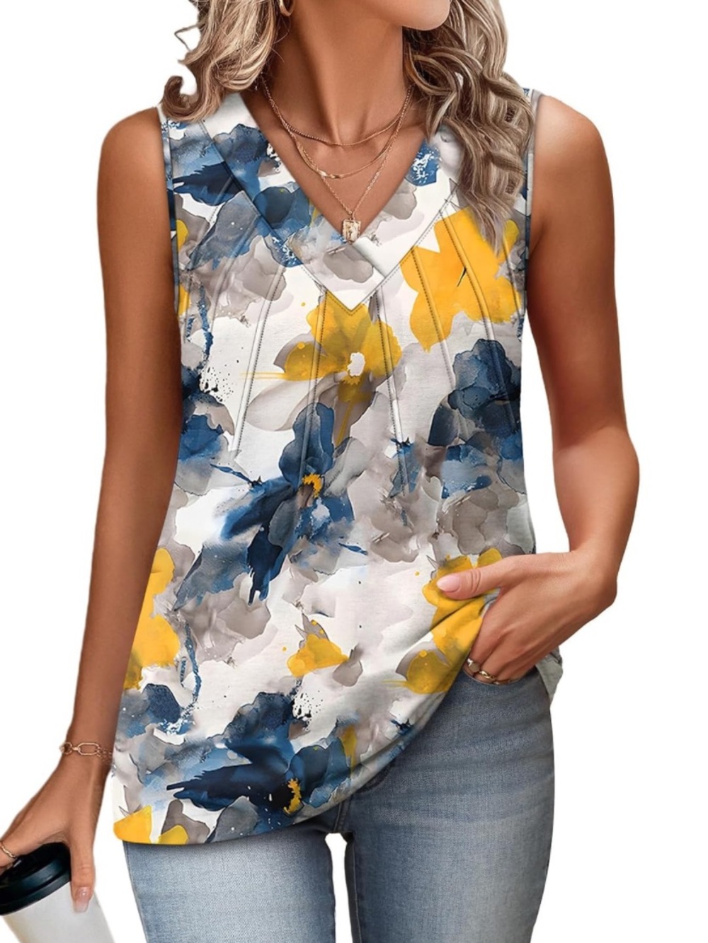 NWT V-Neck Sleeveless Watercolor Tank in Blue, Gold & White